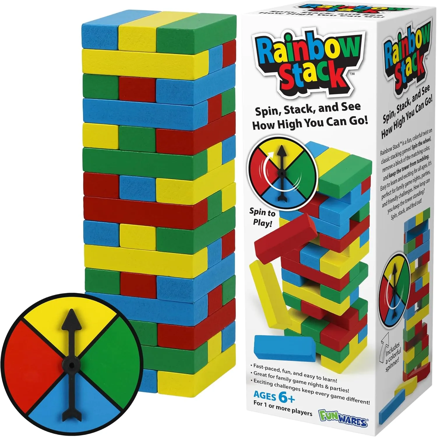 Funwares Wooden Blocks Stacking Game, Tumbling Tower and Balance Game, Family & Party Fun, Game for Kids and Adults, Ages 6 , Rainbow Stack – A Colorful Spinner-Based Twist on Classic Stacking Games