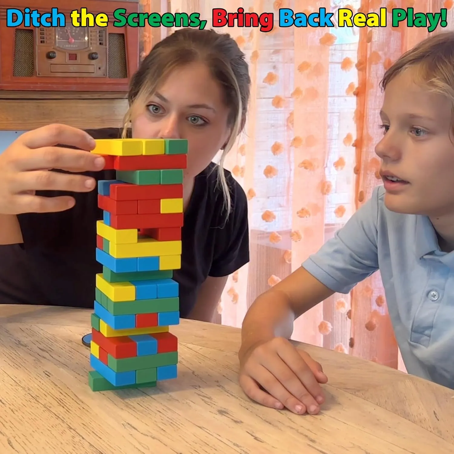 Funwares Wooden Blocks Stacking Game, Tumbling Tower and Balance Game, Family & Party Fun, Game for Kids and Adults, Ages 6 , Rainbow Stack – A Colorful Spinner-Based Twist on Classic Stacking Games
