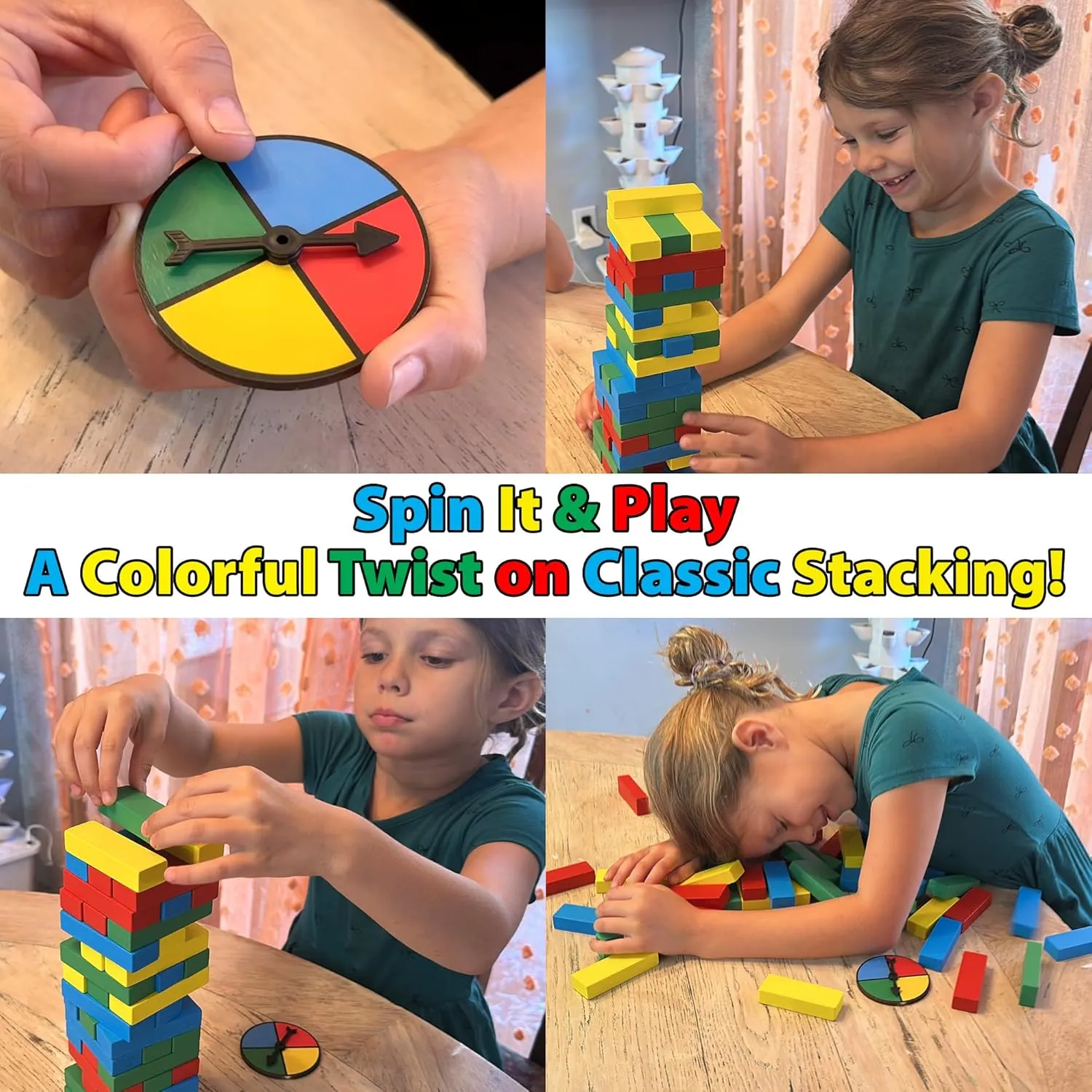 Funwares Wooden Blocks Stacking Game, Tumbling Tower and Balance Game, Family & Party Fun, Game for Kids and Adults, Ages 6 , Rainbow Stack – A Colorful Spinner-Based Twist on Classic Stacking Games