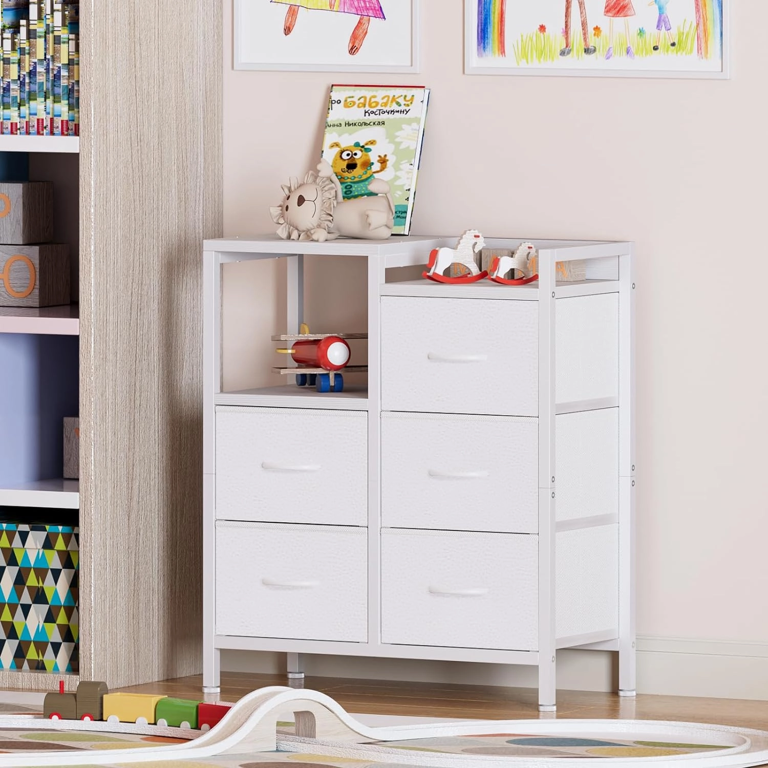 Furnulem 5 Drawer White Dressers for Bedroom 2 Tier Shelf Storage Small Fabric Dresser for Closet Sturdy Metal Frame Modern Style Storage Cabinets Organization Units for Hallway Rooms