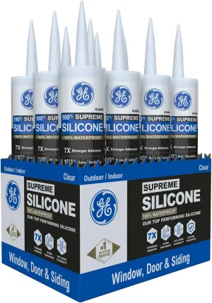 GE Supreme Silicone Caulk for Window & Door - 100% Waterproof Silicone Sealant, 7X Stronger Adhesion, Shrink & Crack Proof - 10 oz Cartridge, Clear, Pack of 12