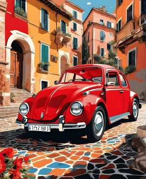 Generic Red Beetle Car in Rome (2) - Van-Go Paint-by-Number Kit 50X65cm with Frame