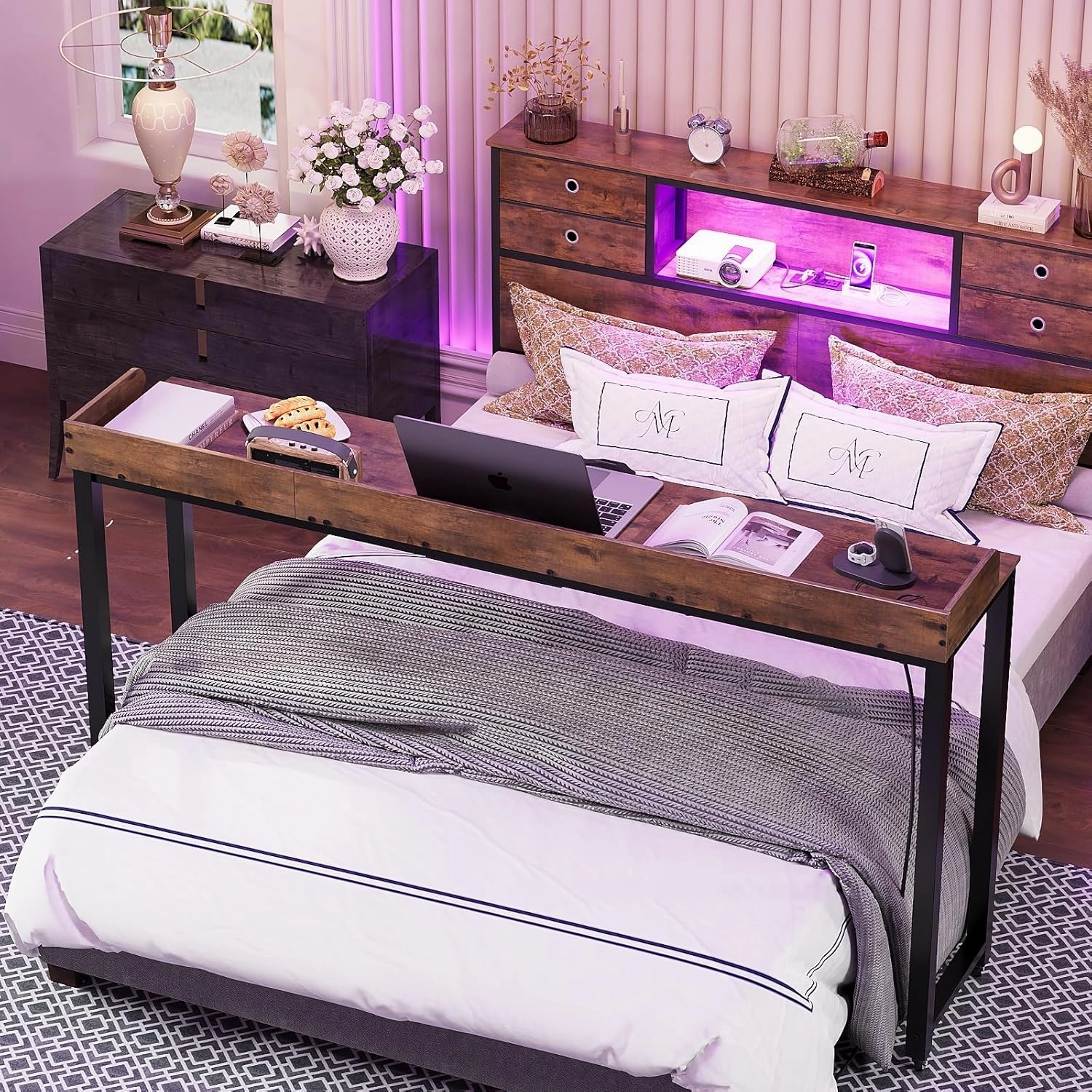 GiftGo Overbed Table with Wheels Portable Rolling Queen Size Mobile Bed Desk with Adjustable Tilt Stand Standing Laptop Cart with Outlets & USB Ports (Rustic Brown, 71 inches)