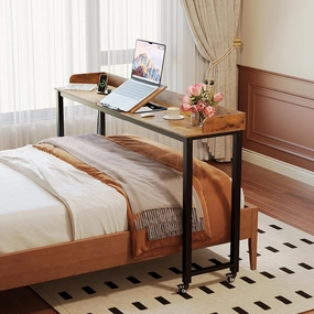 GiftGo Overbed Table with Wheels Portable Rolling Queen Size Mobile Bed Desk with Adjustable Tilt Stand Standing Laptop Cart with Outlets & USB Ports (Rustic Brown, 71 inches)