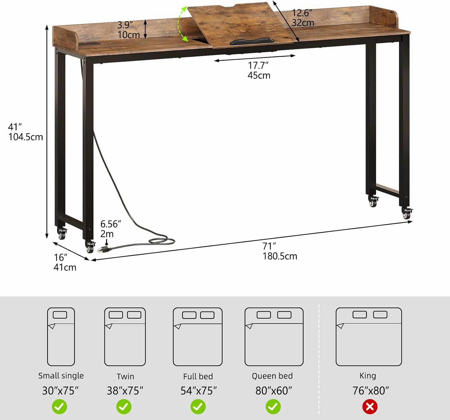 GiftGo Overbed Table with Wheels Portable Rolling Queen Size Mobile Bed Desk with Adjustable Tilt Stand Standing Laptop Cart with Outlets & USB Ports (Rustic Brown, 71 inches)