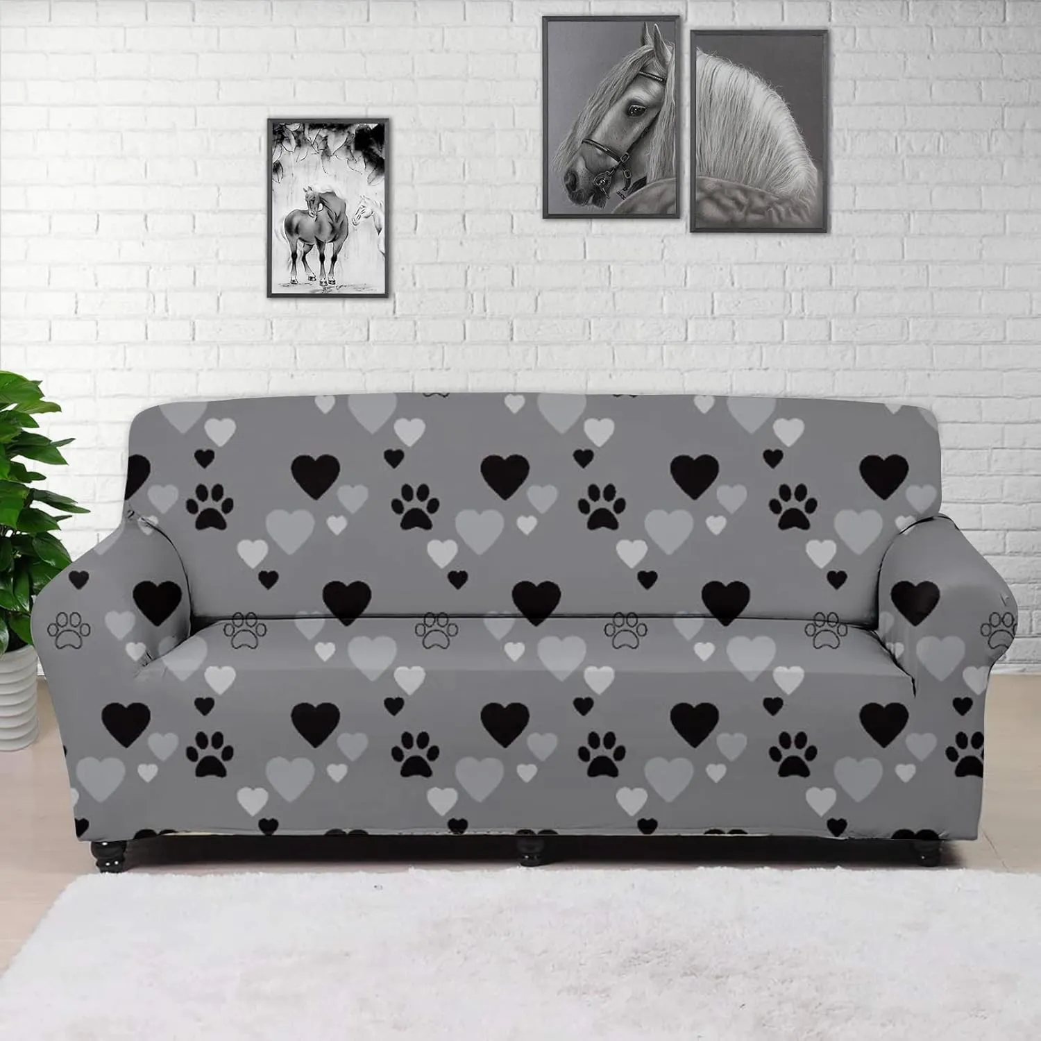 GLENLCWE Love Heart Dog Paw Print Soft Sofa Cover/Couch Cover/Sofa Slipcover/Furniture Protector for 3 Cushion,Non Slip Home Decoration,Black Grey