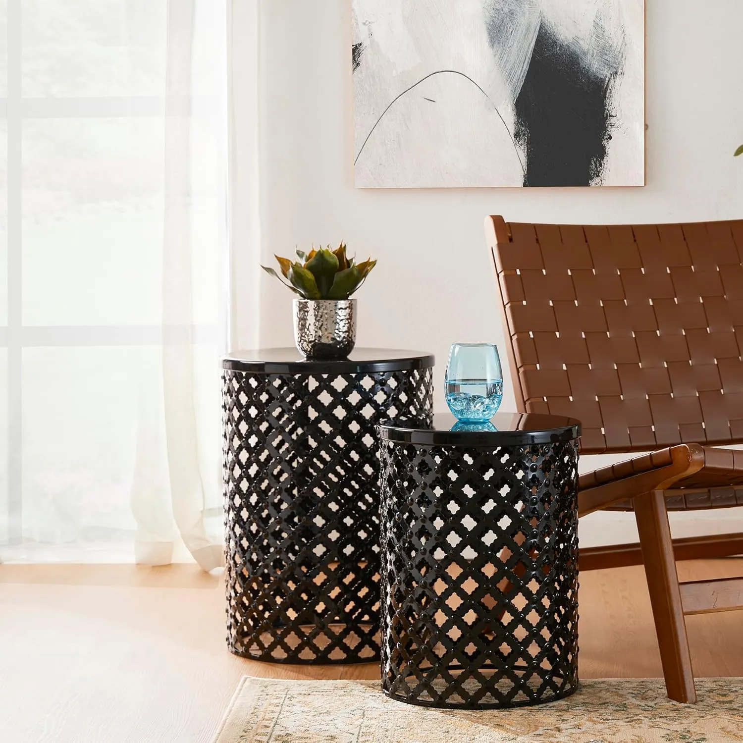 Glitzhome Outdoor Side Table Set of 2, Decorative Garden Stool for Indoor Outdoor Heavy Duty Metal Frame Modern Accent Table, Black