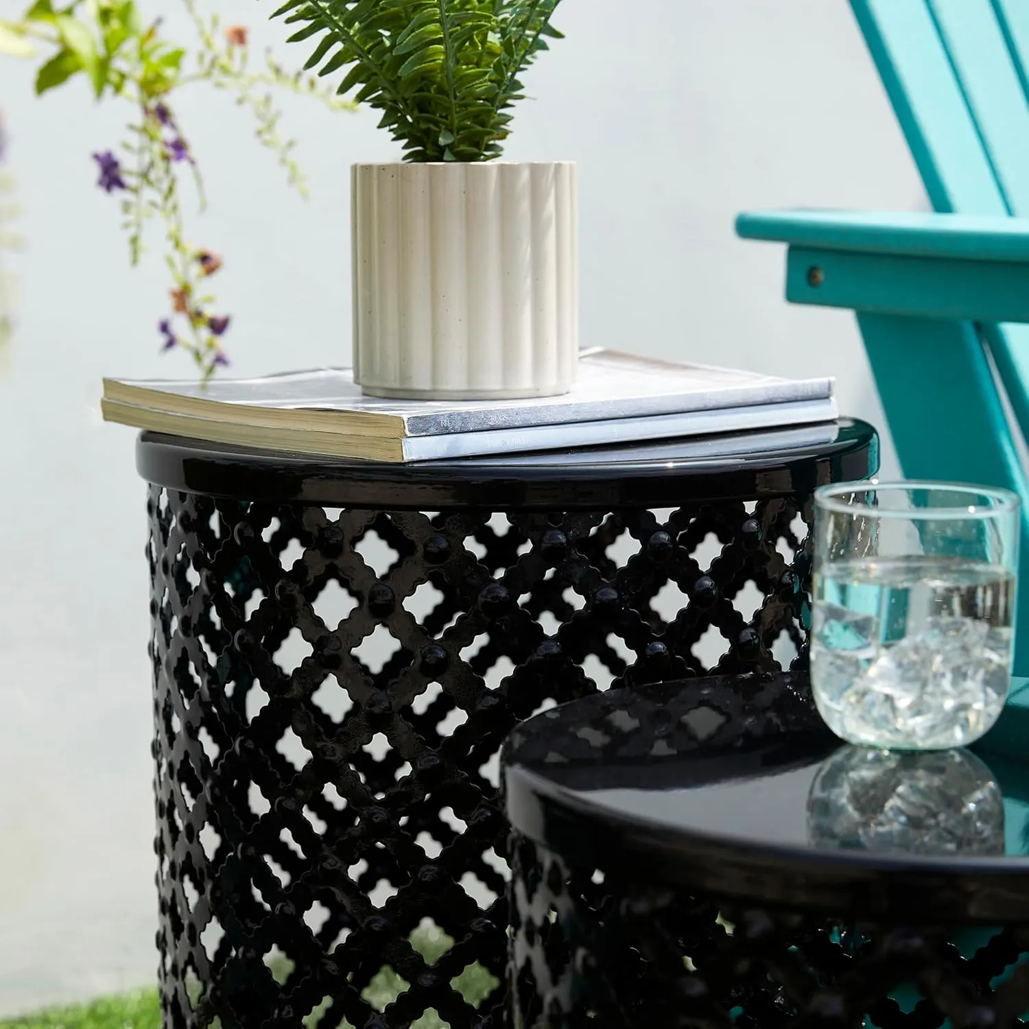 Glitzhome Outdoor Side Table Set of 2, Decorative Garden Stool for Indoor Outdoor Heavy Duty Metal Frame Modern Accent Table, Black