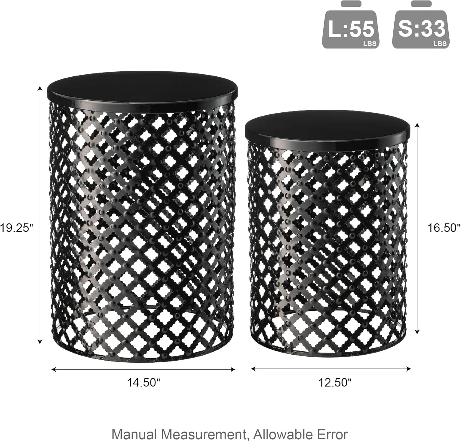 Glitzhome Outdoor Side Table Set of 2, Decorative Garden Stool for Indoor Outdoor Heavy Duty Metal Frame Modern Accent Table, Black