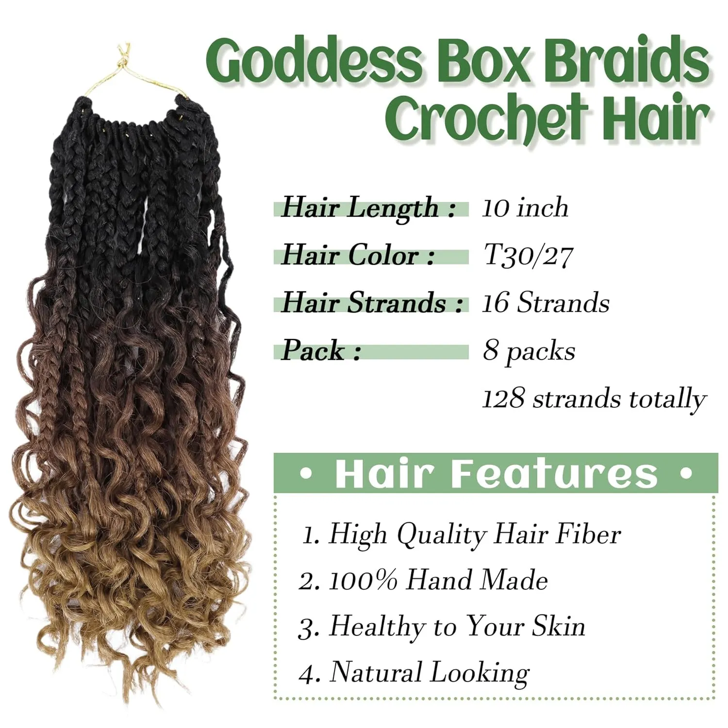 Goddess Box Braids Crochet Hair 10 Inch 8 Packs Pre-looped Bohemian Crochet Boho Box Braids With Curly Ends 3X Crochet Braids Hair for Women Synthetic Braiding Hair (10 inch, T1B/30/27)