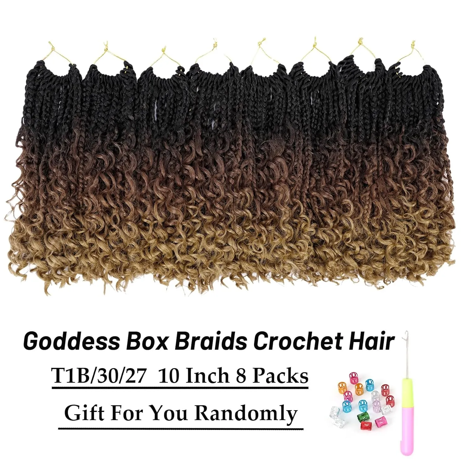 Goddess Box Braids Crochet Hair 10 Inch 8 Packs Pre-looped Bohemian Crochet Boho Box Braids With Curly Ends 3X Crochet Braids Hair for Women Synthetic Braiding Hair (10 inch, T1B/30/27)