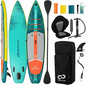 Goplus Inflatable Stand Up Paddle Board for Adults, 11FT SUP w/Premium Kayak Seat, Adjustable Paddle, Leash, Hand Pump, Repair Kit, Waterproof Phone Pouch, Backpack, Non-Slip Deck