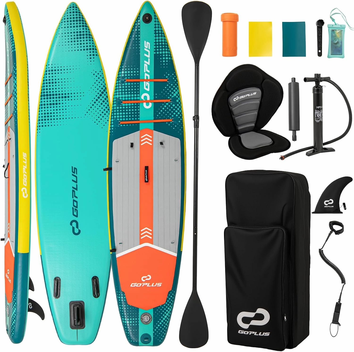Goplus Inflatable Stand Up Paddle Board for Adults, 11FT SUP w/Premium Kayak Seat, Adjustable Paddle, Leash, Hand Pump, Repair Kit, Waterproof Phone Pouch, Backpack, Non-Slip Deck