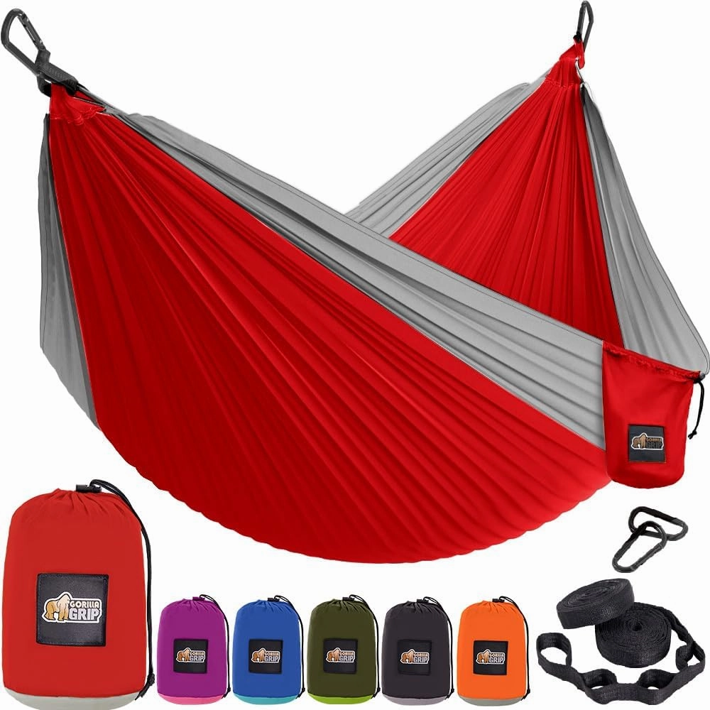 GORILLA GRIP Durable Portable Camping Hammock, Holds 400lbs with Heavy Duty Tree Straps, Comfortable Travel Swing, Camp Hammocks, Easy to Use and Install, Outdoor Essentials, Red, 10x6.5 FT