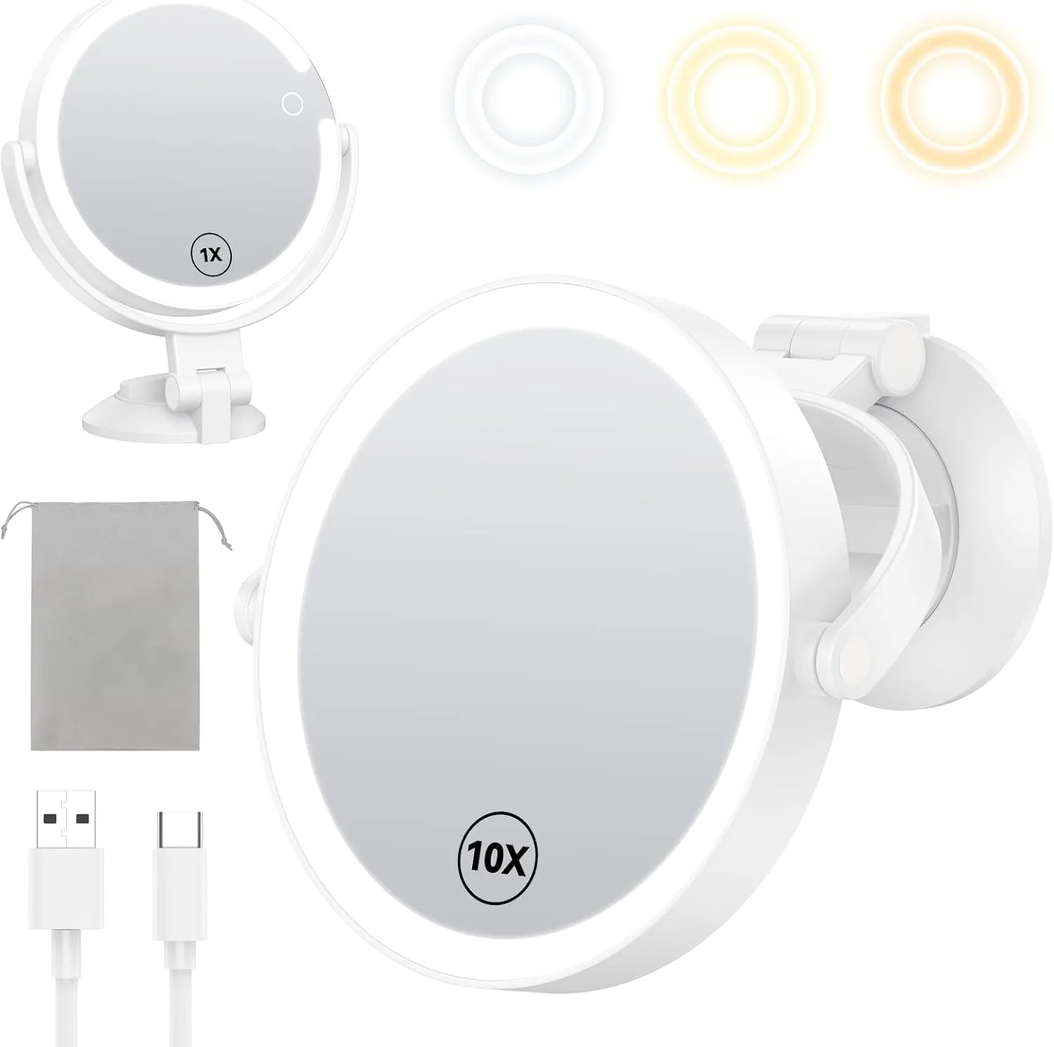 Gospire 7” Wall Mounted Makeup Mirror with Powerful Suction Cup, Double Sided 1X/10X Magnification, 3 Color Lights and Adjustable Brightness, 2000mAh Rechargeable Battery, Shaving for Men - White