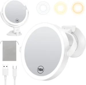 Gospire 7” Wall Mounted Makeup Mirror with Powerful Suction Cup, Double Sided 1X/10X Magnification, 3 Color Lights and Adjustable Brightness, 2000mAh Rechargeable Battery, Shaving for Men - White
