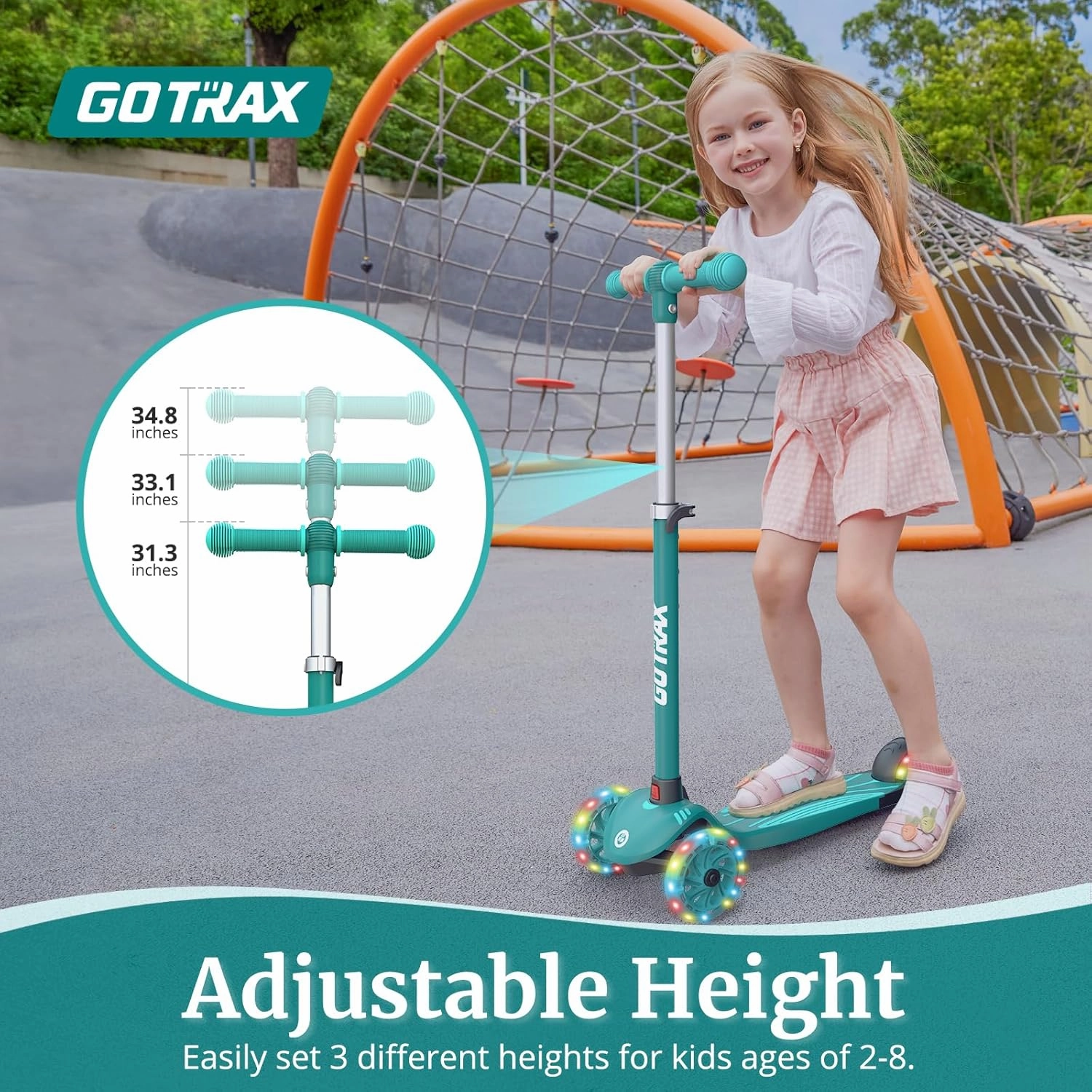 Gotrax KS1 Kids Kick Scooter, LED Lighted Wheels and 3 Adjustable Height Handlebars, Lean-to-Steer & Widen Anti-Slip Deck, 3 Wheel Scooter for Boys & Girls Ages 2-8 and up to 100 Lbs