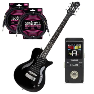 Hagstrom Ultra Swede 6 String EG, Black Gloss, KLIQ TinyTune, (2) EBall Cables Bundle