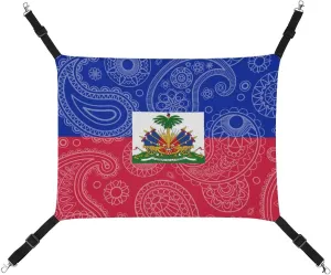 Haiti Paisley Flag Cat Hanging Hammock Soft Breathable Pet Cage Dog Hammock with Adjustable Straps and Metal Hooks