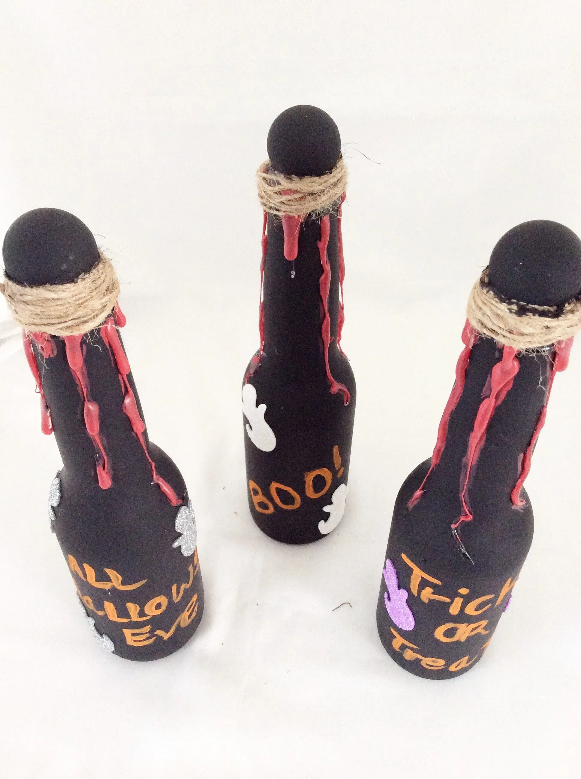 Halloween Decoration Bottles, Trick or Treat, Boo, Set of 3 Glass Bottles