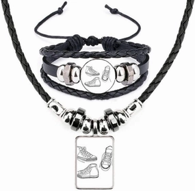 Hand Painted White Canvas Shoes Leather Necklace Bracelet Jewelry Set