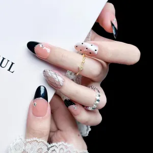 Handmade Press On Nails impress Fake Nails Medium Almond Oval French nails 3D Pink and Black Checkered cute design Hand Finger Manicure glue False Nails press ons Nail Artificial Nails for women