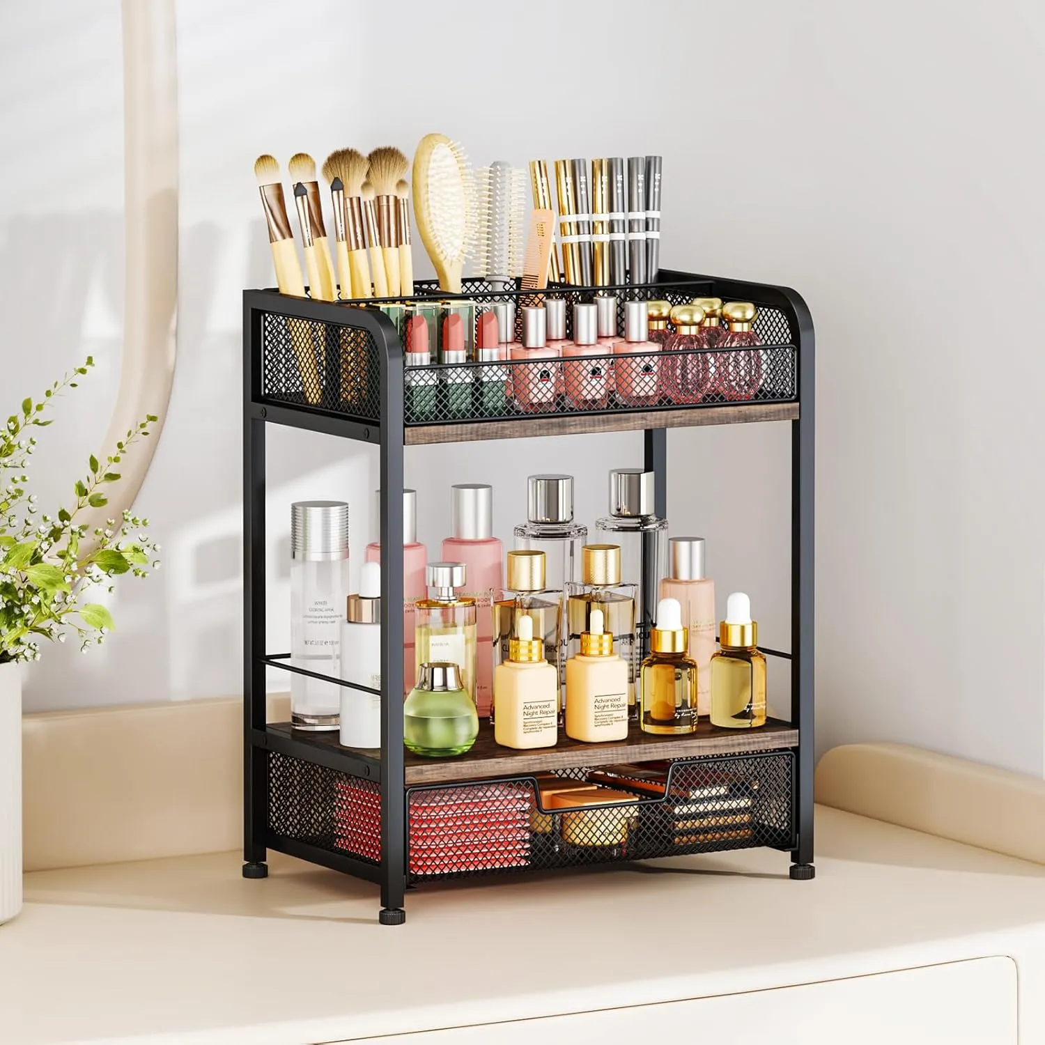 HapiRm Makeup Organizer Countertop with Drawer - Large Capacity Vanity Organizer with Dividers, Bathroom and Bedroom Desk Cosmetic Display Case for Storage Skincare, Makeup Brush, Dresser, Perfume