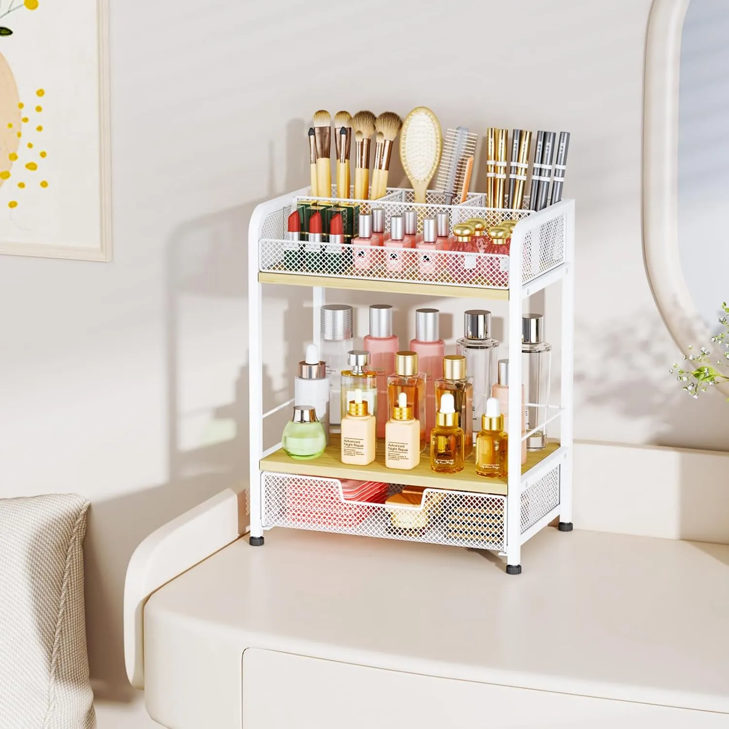 HapiRm Makeup Organizer Countertop with Drawer - Large Capacity Vanity Organizer with Dividers, Bathroom and Bedroom Desk Cosmetic Display Case for Storage Skincare, Makeup Brush, Dresser, Perfume