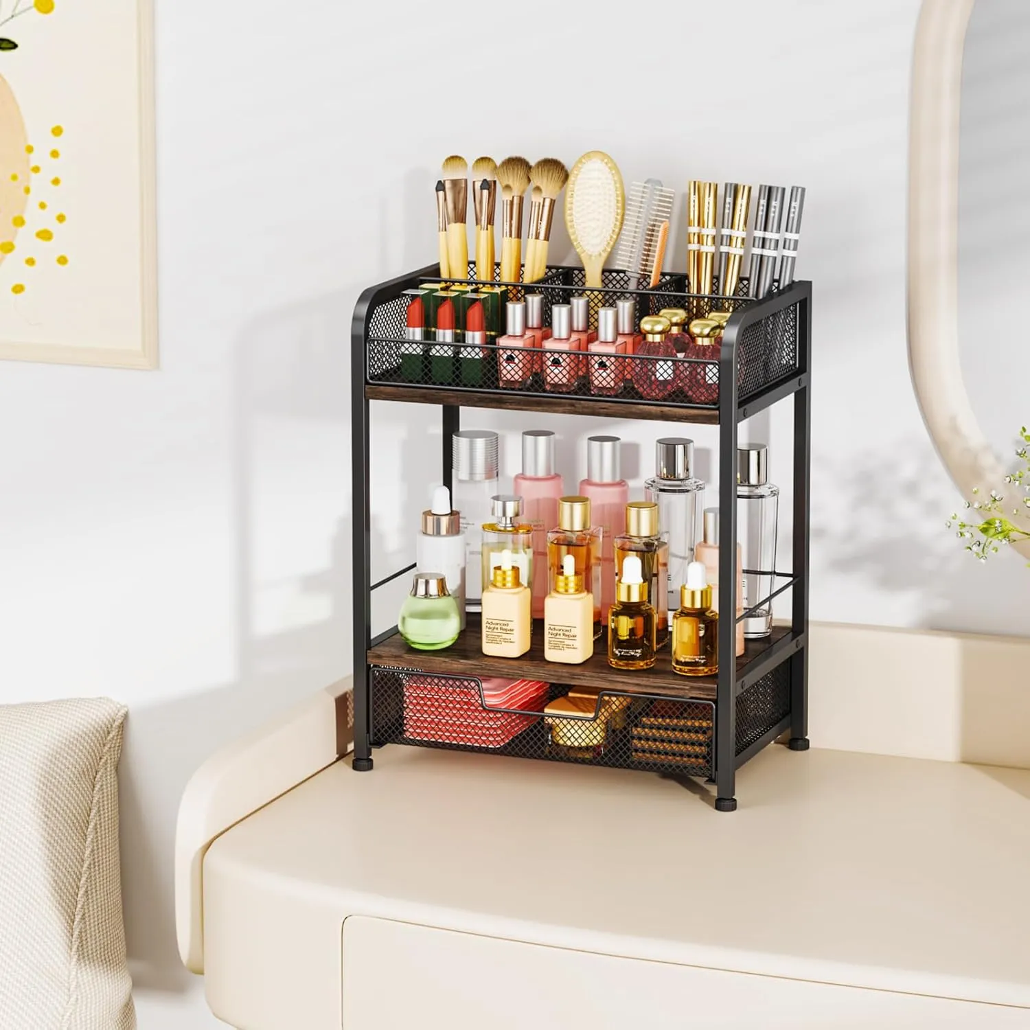 HapiRm Makeup Organizer Countertop with Drawer - Large Capacity Vanity Organizer with Dividers, Bathroom and Bedroom Desk Cosmetic Display Case for Storage Skincare, Makeup Brush, Dresser, Perfume