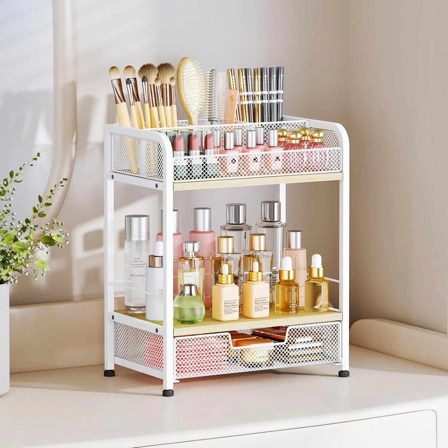 HapiRm Makeup Organizer Countertop with Drawer - Large Capacity Vanity Organizer with Dividers, Bathroom and Bedroom Desk Cosmetic Display Case for Storage Skincare, Makeup Brush, Dresser, Perfume