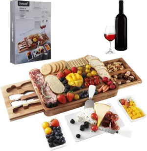 hecef Cheese Board Set Acacia Wood - Large Charcuterie Board with Stainless Steel Knife Set, Thick Wooden Server - Fancy House Warming, Birthday Choice for Gourmets