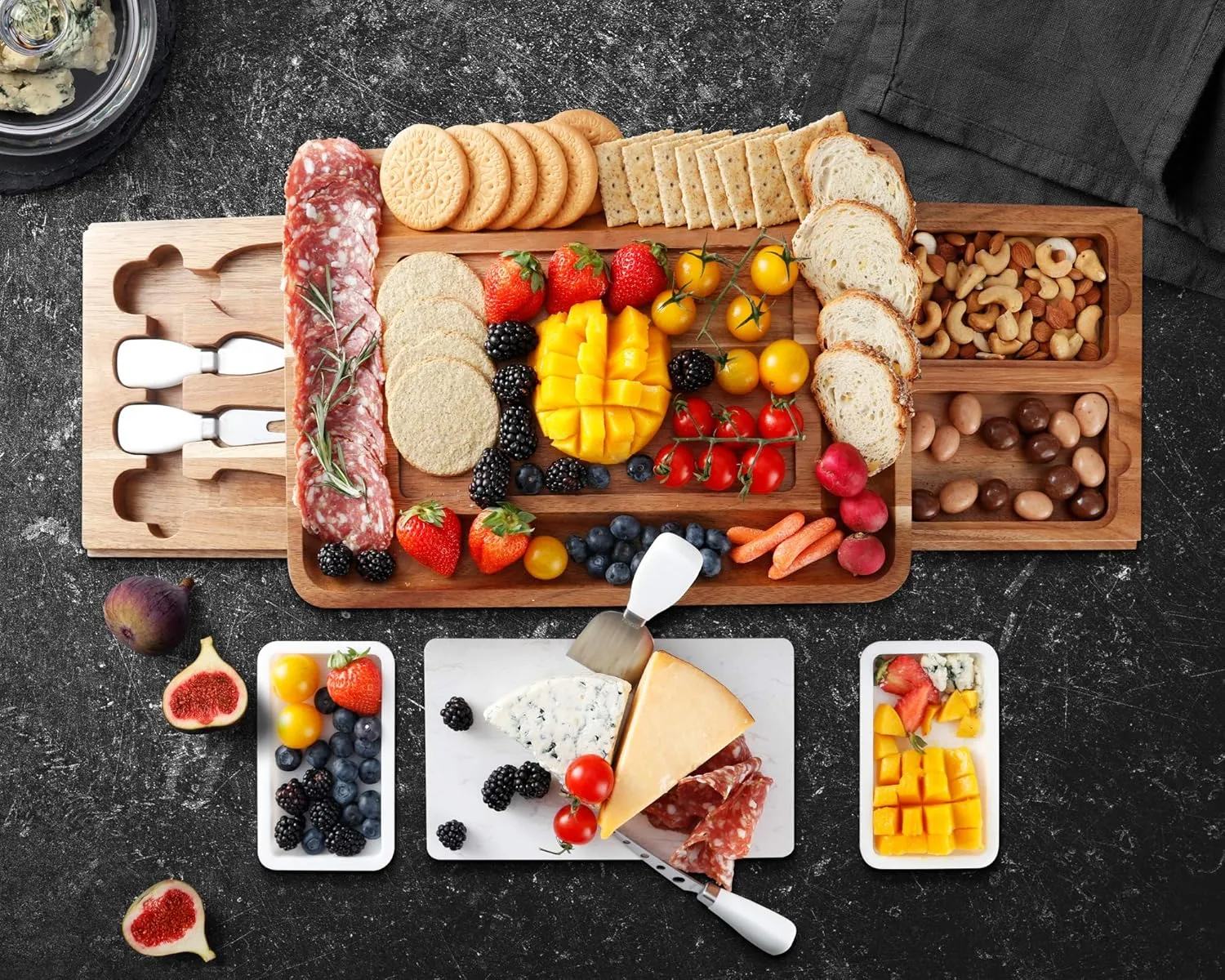 hecef Cheese Board Set Acacia Wood - Large Charcuterie Board with Stainless Steel Knife Set, Thick Wooden Server - Fancy House Warming, Birthday Choice for Gourmets