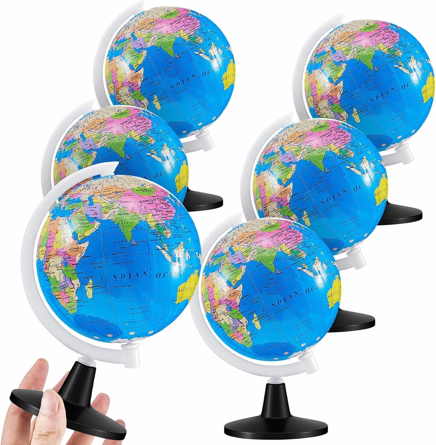 Henoyso 6 Pcs 3.4'' World Globe for Kids Learning Mini Desk Classroom Decorative Earth Globes with White Stand Educational Rotating World Map for Adults Geography Table Decor