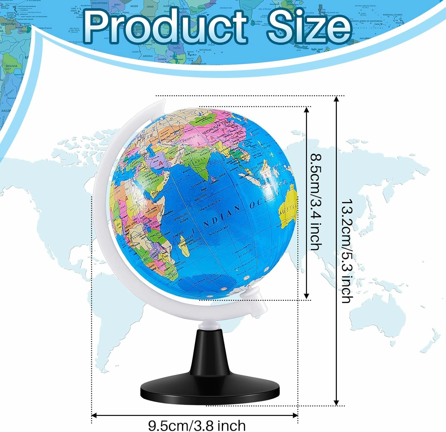 Henoyso 6 Pcs 3.4'' World Globe for Kids Learning Mini Desk Classroom Decorative Earth Globes with White Stand Educational Rotating World Map for Adults Geography Table Decor