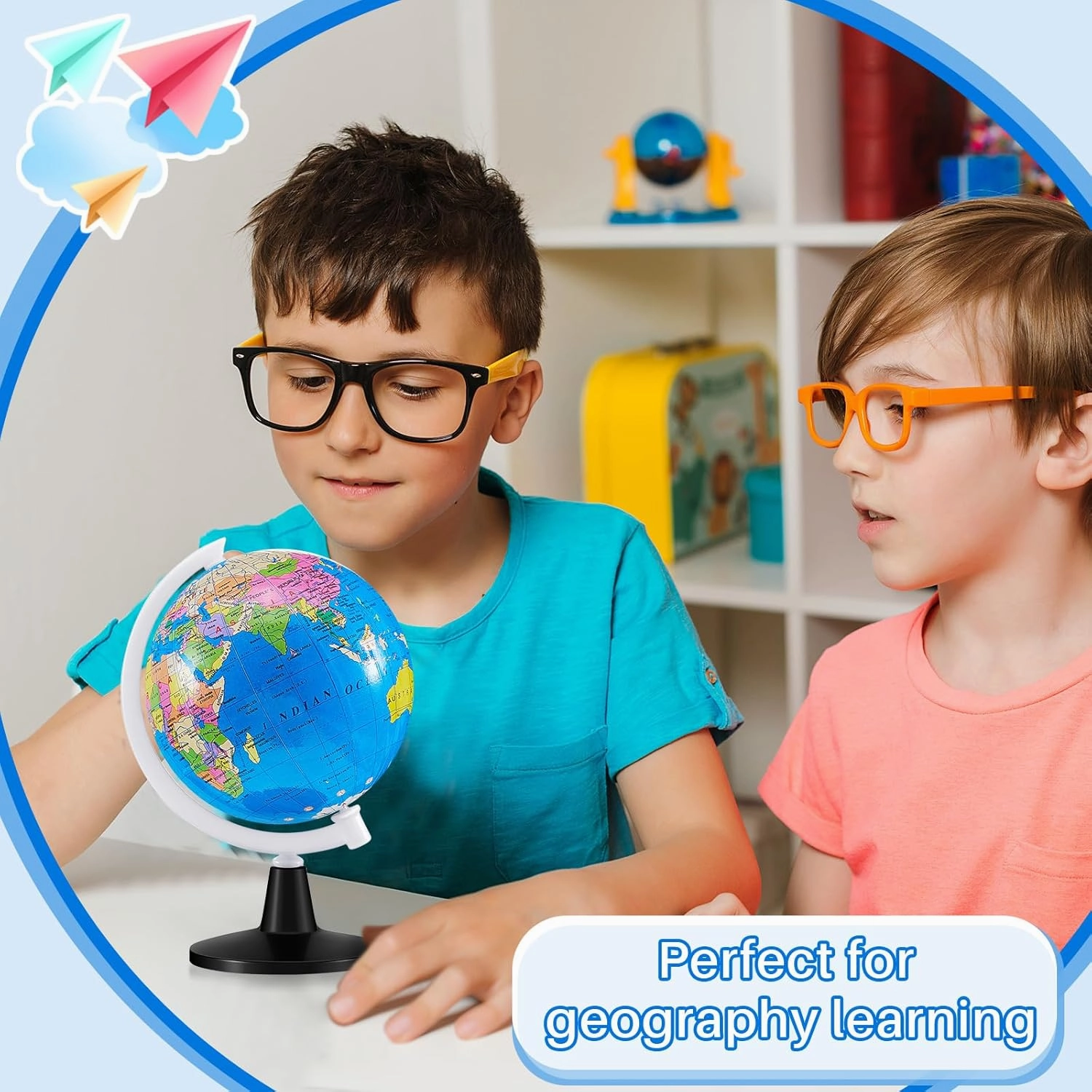 Henoyso 6 Pcs 3.4'' World Globe for Kids Learning Mini Desk Classroom Decorative Earth Globes with White Stand Educational Rotating World Map for Adults Geography Table Decor