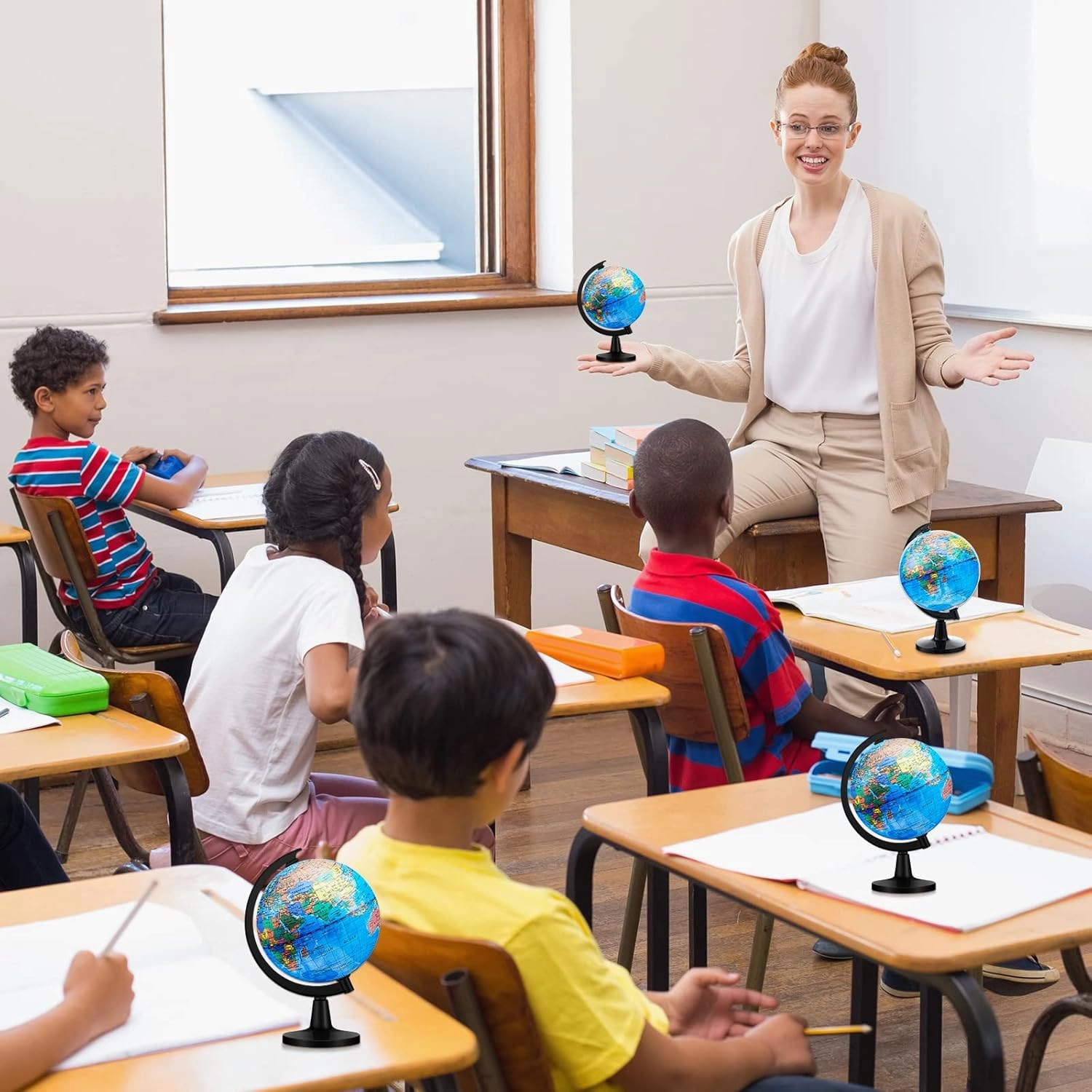 Henoyso 6 Pcs 4.6'' World Globe for Kids Learning Mini Desk Classroom Decorative Earth Globes with Black Stand Educational Rotating World Map for Adults Geography Table Decor