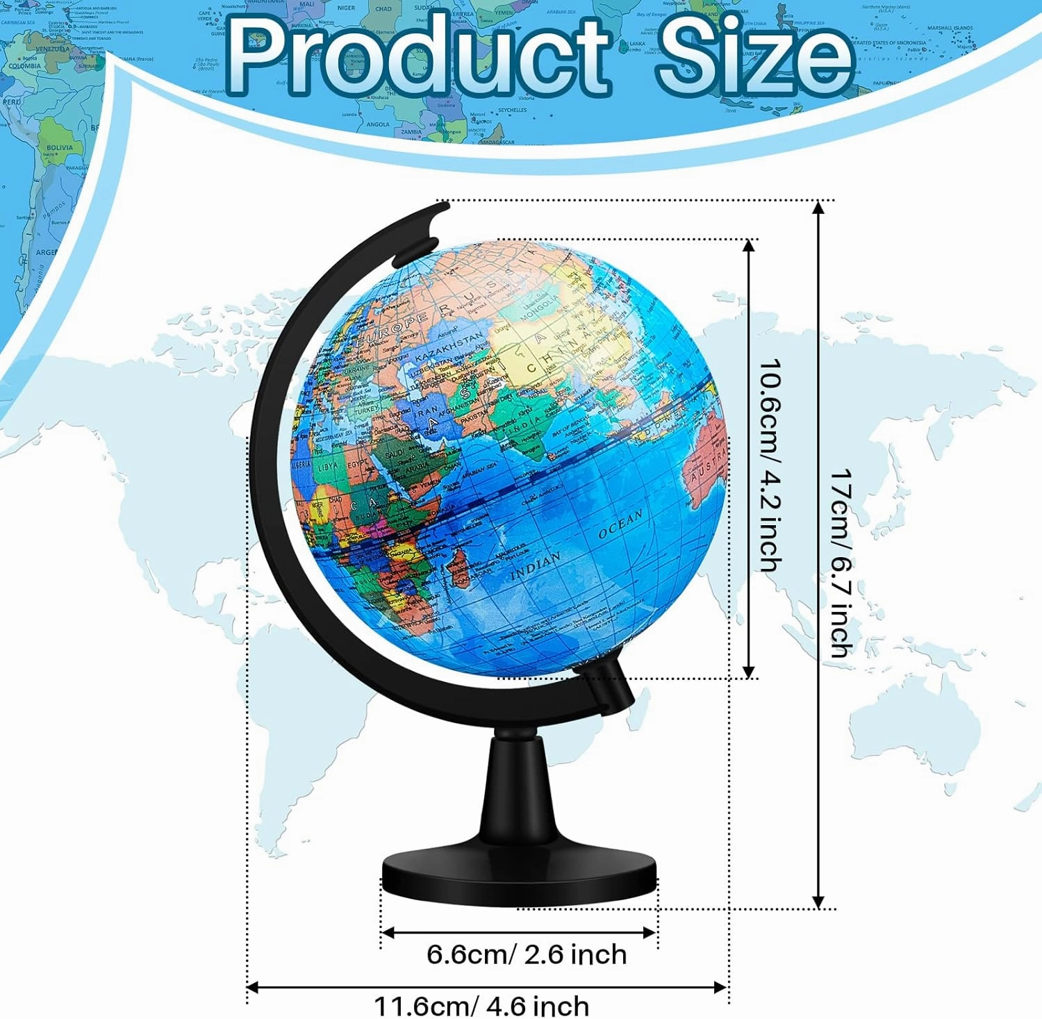 Henoyso 6 Pcs 4.6'' World Globe for Kids Learning Mini Desk Classroom Decorative Earth Globes with Black Stand Educational Rotating World Map for Adults Geography Table Decor