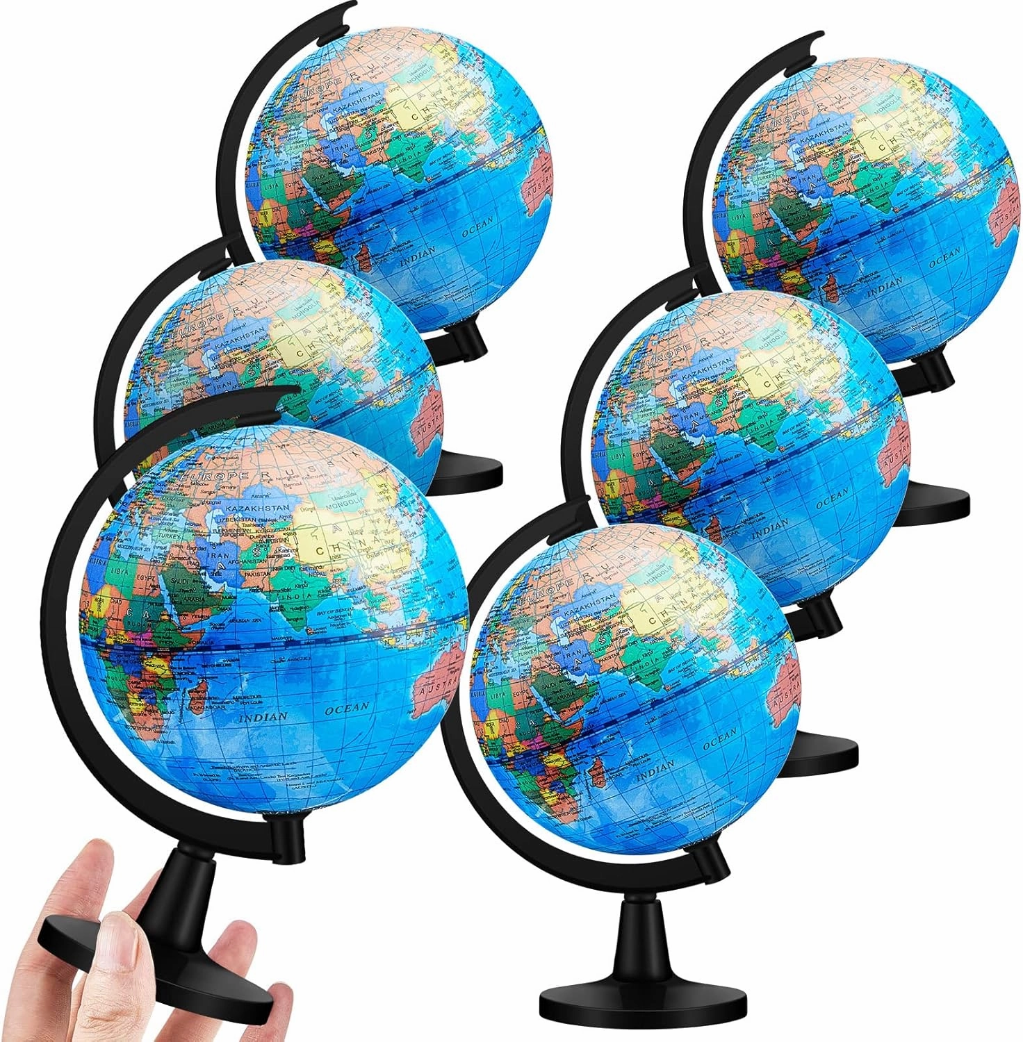 Henoyso 6 Pcs 4.6'' World Globe for Kids Learning Mini Desk Classroom Decorative Earth Globes with Black Stand Educational Rotating World Map for Adults Geography Table Decor