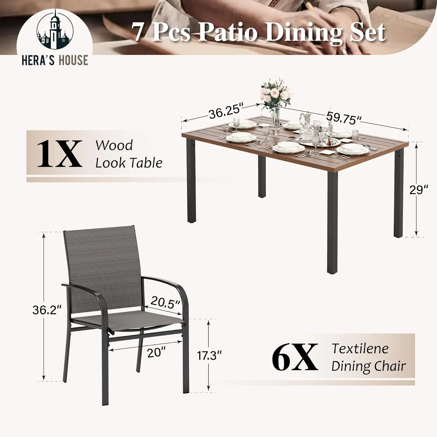 HERA'S HOUSE Patio Table and Chairs 7 Pieces, Outdoor Patio Dining Furniture Sets for Backyard Lawn Deck