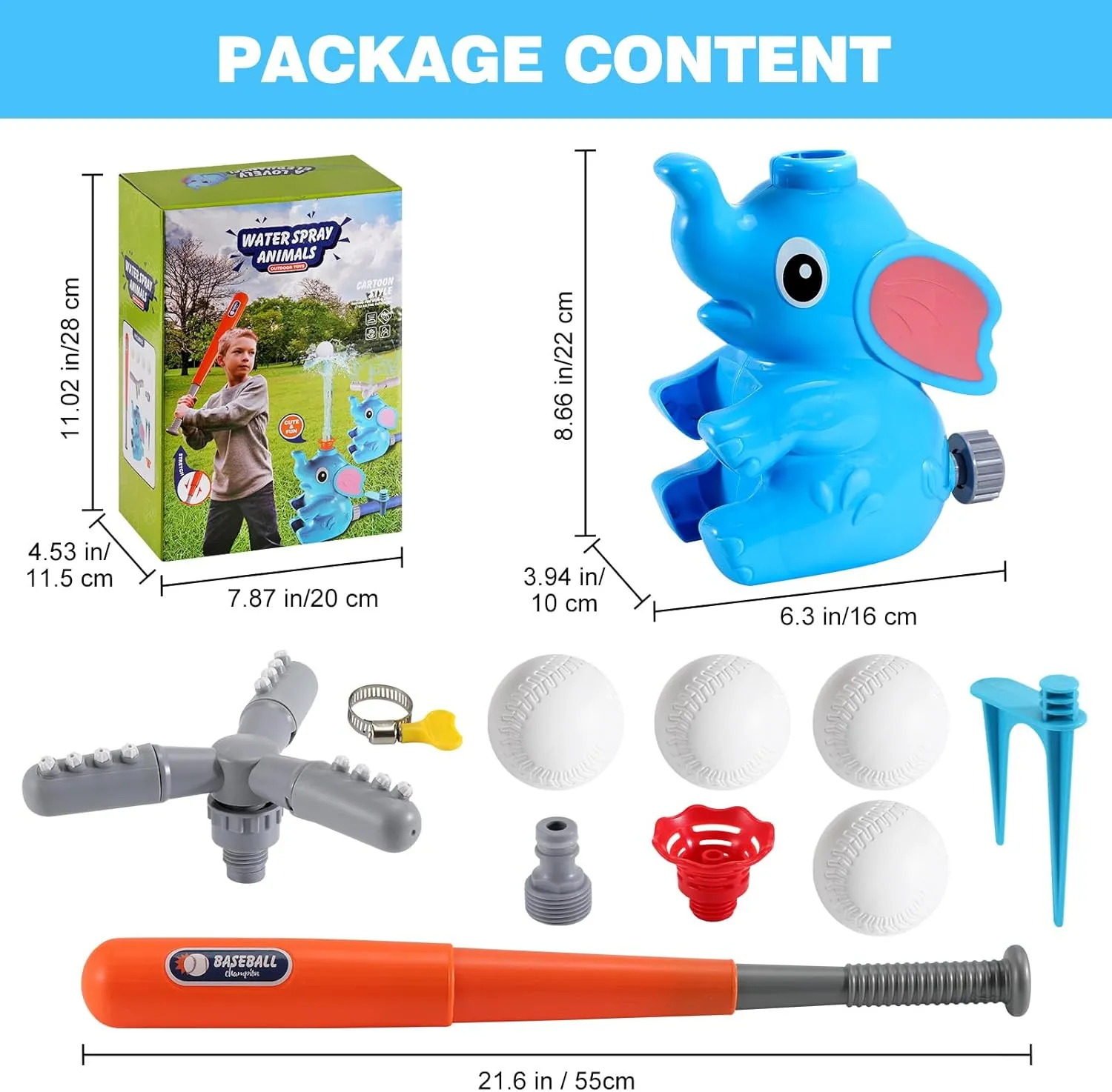 HeySplash Water Sprinkler Baseball Toy, 2 in 1 Water Spray Sprinkler Ball Set with 2 Detachable Sprinkler Heads, Outdoor Summer Toys Outside Toys for Toddlers and Kids, Blue Elephant