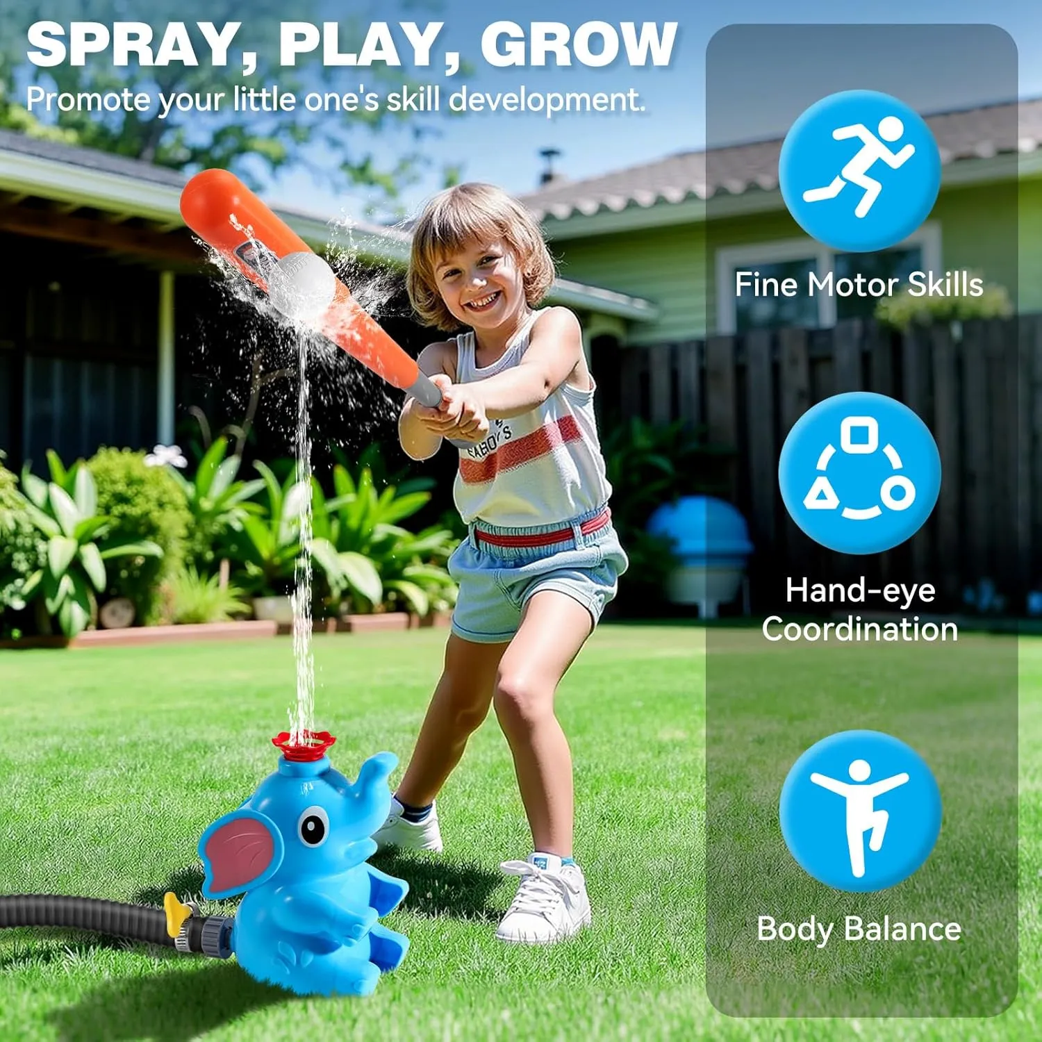 HeySplash Water Sprinkler Baseball Toy, 2 in 1 Water Spray Sprinkler Ball Set with 2 Detachable Sprinkler Heads, Outdoor Summer Toys Outside Toys for Toddlers and Kids, Blue Elephant