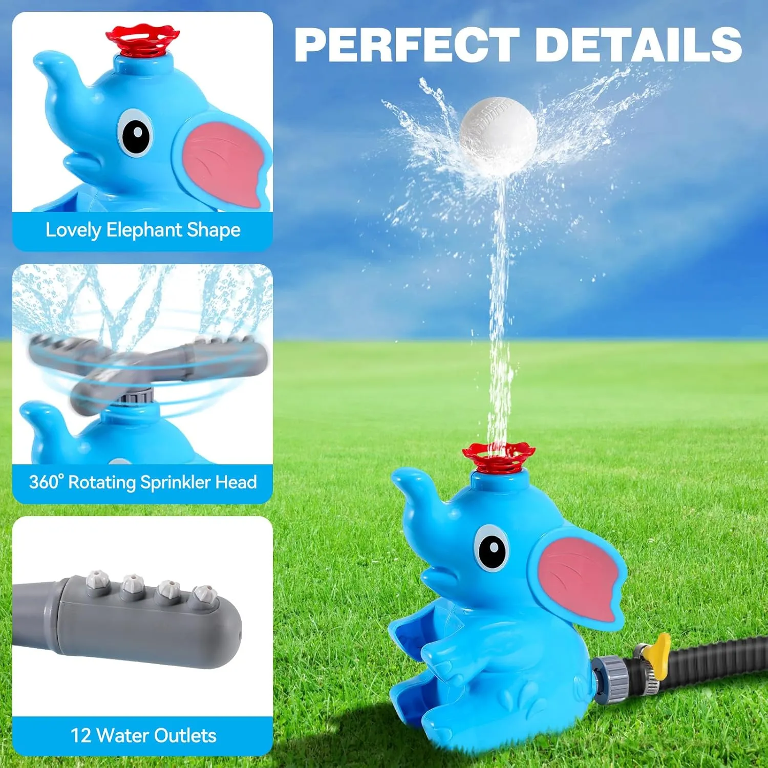 HeySplash Water Sprinkler Baseball Toy, 2 in 1 Water Spray Sprinkler Ball Set with 2 Detachable Sprinkler Heads, Outdoor Summer Toys Outside Toys for Toddlers and Kids, Blue Elephant