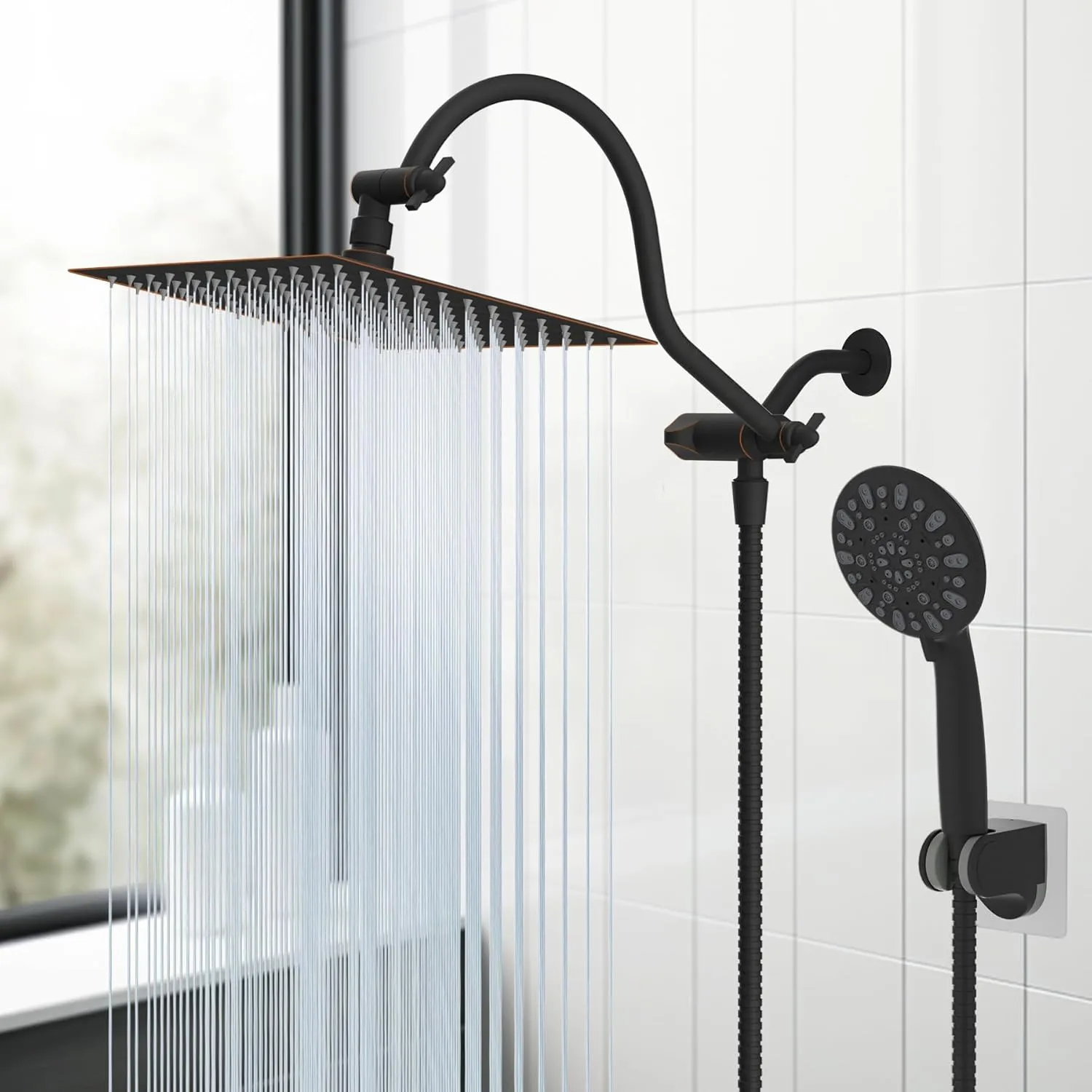 Hibbent All Metal Shower Head, 10'' High Pressure Rainfall Shower Head/Handheld Showerhead Combo with 12'' Adjustable Curved Shower Extension Arm, 7-Spray, 71'' Hose, Shower Holder, Oil Rubbed Bronze