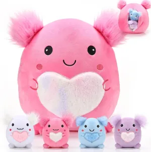 Hiboom 5 Pcs Axolotl Plush Stuffed Animal 12 Inch Large Pillow with 4 Baby Axolotl in Her Tummy Soft Cotton Animal Pillow for Boys Girls Graduation Student Birthday Party Decor