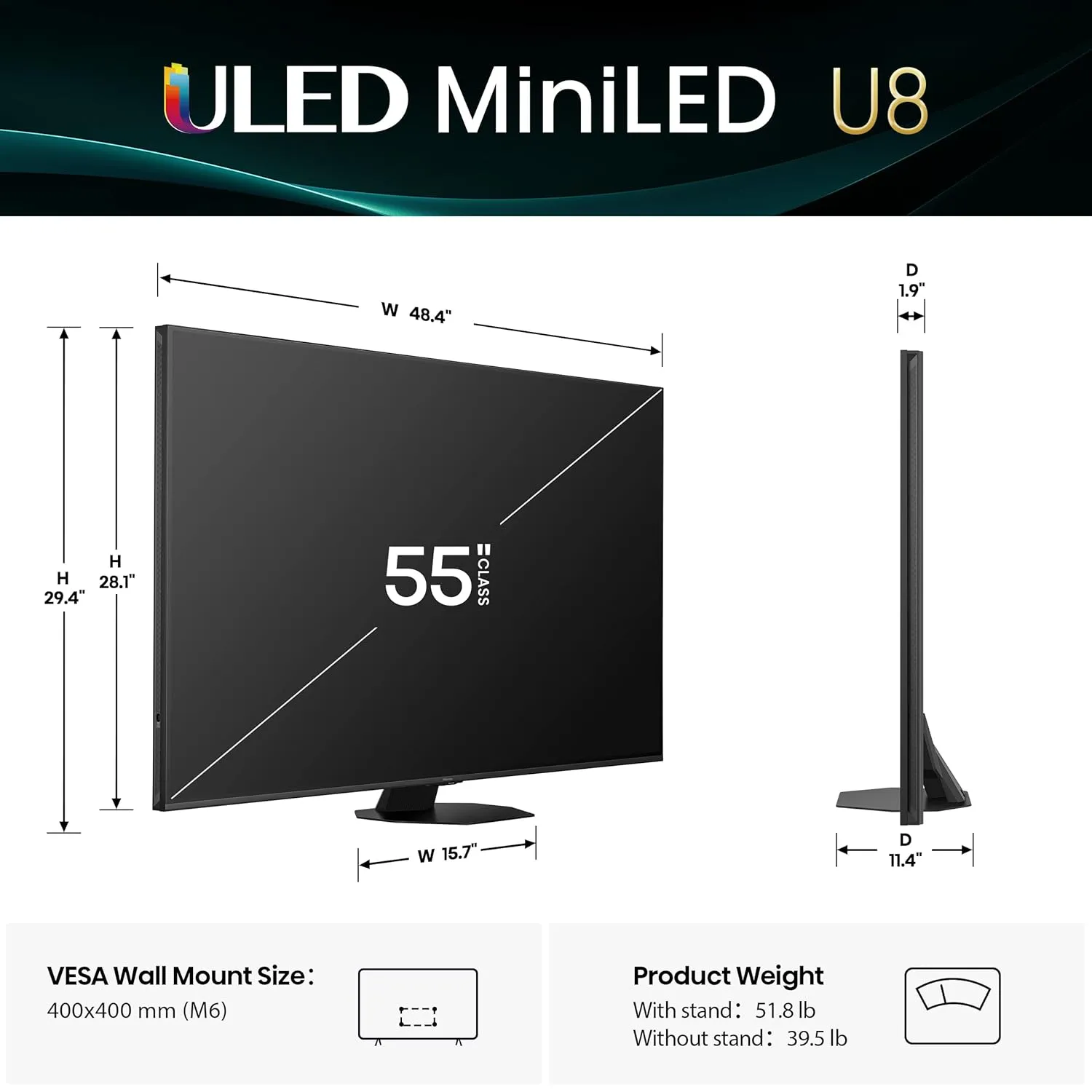Hisense 55" Class U8 Series Mini-LED ULED 4K UHD Google Smart TV (55U8QG, 2025 Model) - QLED, Native 165Hz, Game Mode Ultra VRR 288, Dolby Vision IQ · Atmos, Full Array Local Dimming, 4.1.2 Ch