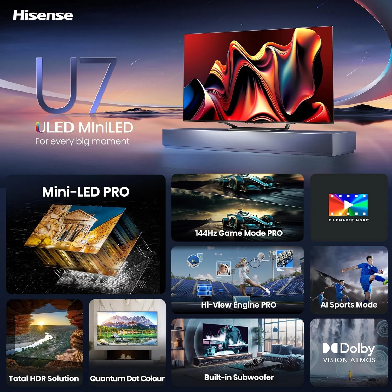 Hisense 65-Inch Class U7 Series Mini-LED ULED 4K UHD Google Smart TV (65U7N, 2024 Model) - QLED, Dolby Vision IQ, Dolby Atmos, Full Array Local Dimming, 144Hz Game Mode Pro, VRR, Alexa Compatibility