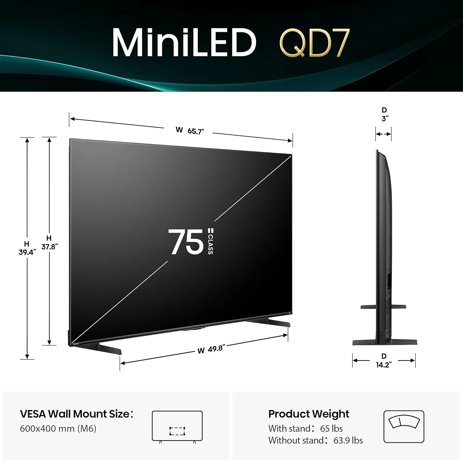 Hisense 75" Class QD7 Series Mini-LED 4K UHD Smart Fire TV (75QD7QF, 2025 Model) - QLED, Native 144hz, HDR10 , Dolby Vision, Dolby Atmos, Game Mode Pro, ALLM, Alexa Built in with Voice Remote, Black
