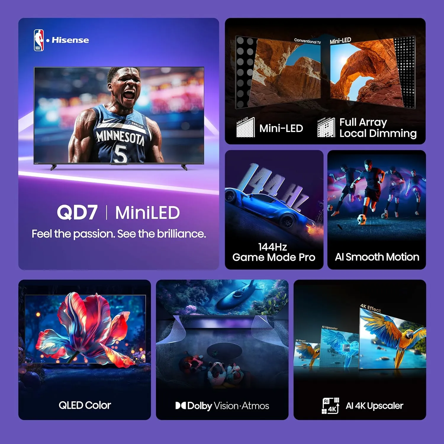 Hisense 75" Class QD7 Series Mini-LED 4K UHD Smart Fire TV (75QD7QF, 2025 Model) - QLED, Native 144hz, HDR10 , Dolby Vision, Dolby Atmos, Game Mode Pro, ALLM, Alexa Built in with Voice Remote, Black