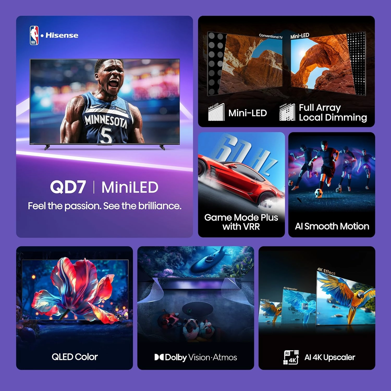 Hisense 65" Class QD7 Series Mini-LED 4K UHD Smart Fire TV (65QD7QF, 2025 Model) - QLED, HDR10 , Dolby Vision, Dolby Atmos, Game Mode Plus, ALLM, Alexa Built in with Voice Remote, Streaming TV, Black