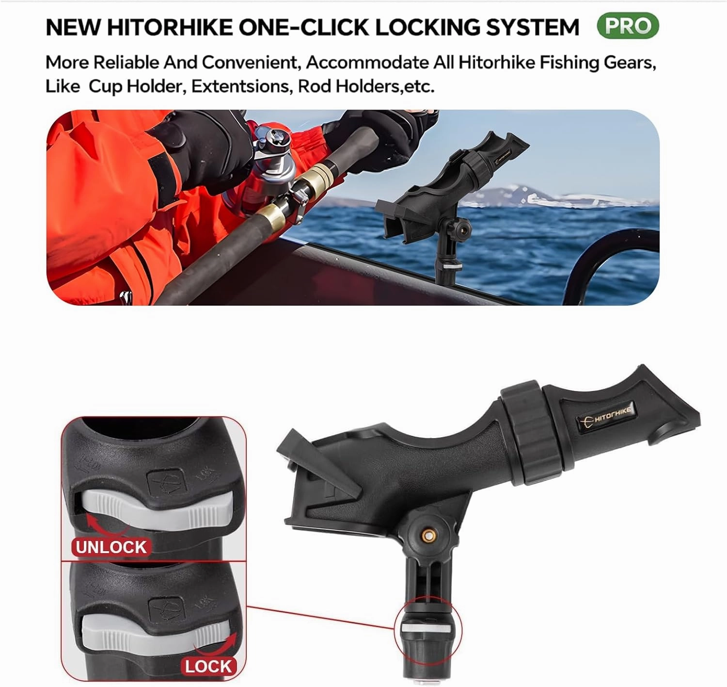 HITORHIKE Fishing Rod Holder Universal Fit Kit Allows for 360-degree Adjustment Kayak Fishing Boat Powerlock Rod Holder